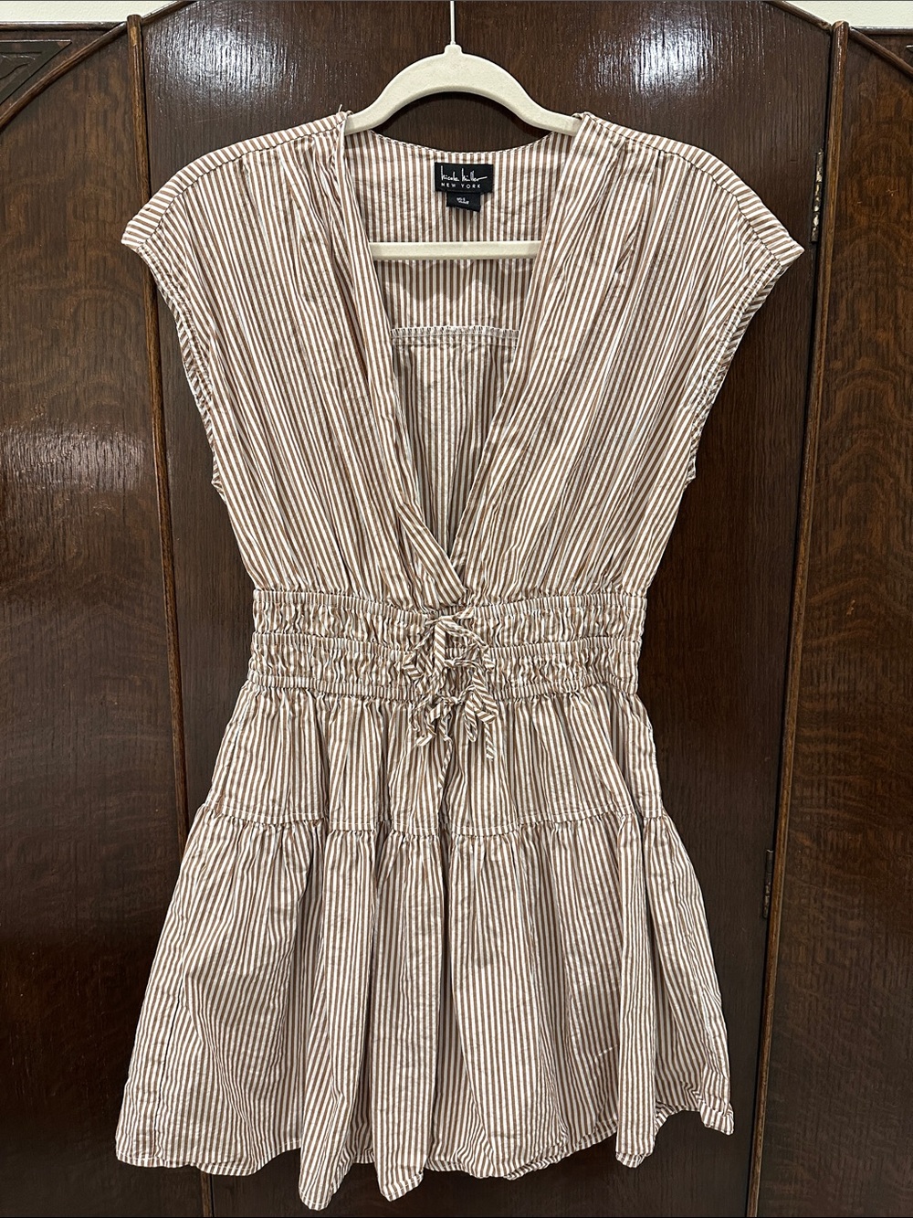 Nicole Miller Striped V-Neck Smocked Mini Dress in Beige and White